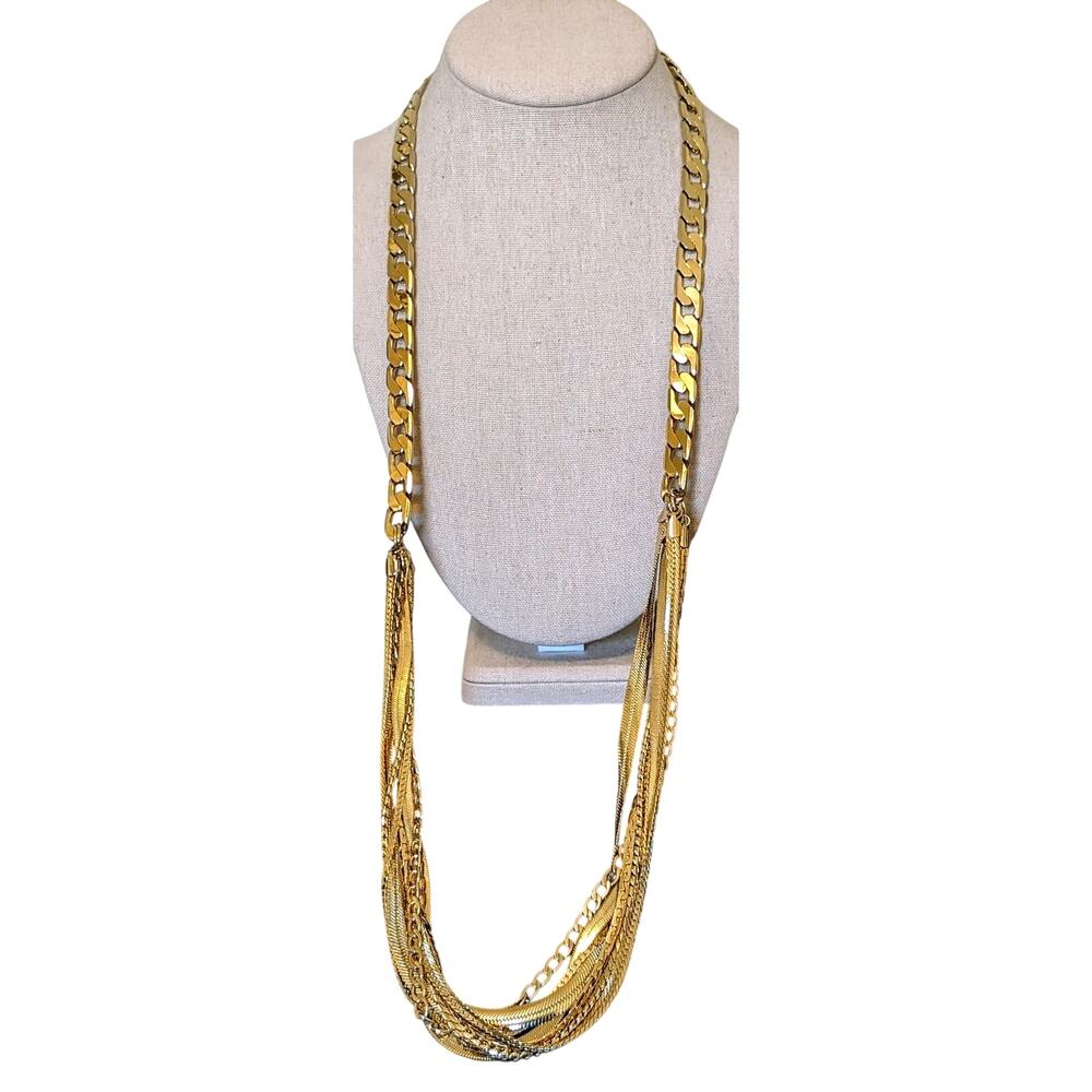 Chunky Long One Strand Into Seven Strands High Shine Gold Tone Chain Necklace - Picture 8 of 8